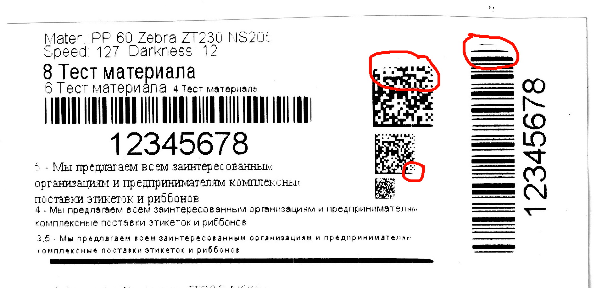 Печать на глянцевом полипропилене риббонами на основе WAX standard, скорость 127 мм/сек, насыщенность 12.